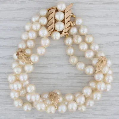 Vintage Cultured Pearl Leaf Bracelet 14k Gold 3-Strand 7.5  • $699.99