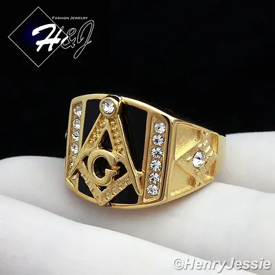 MEN Stainless Steel Gold/Black Plated Cubic Zirconia MASONIC Ring Size 8-13*GR94 • $18.99