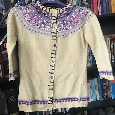 Vintage French Connection Lambswool & Sequin Cardigan Sweater Fair Isle Small • £12