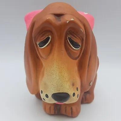 Vintage Sad Dog Basset Hound Ceramic Piggy Coin Bank Brown Pink Bow Figurine • $18.99