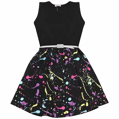 Kids Girls Panel Skater Dress Pastel Splash Print Fashion Party Dance Dresses • £8.99