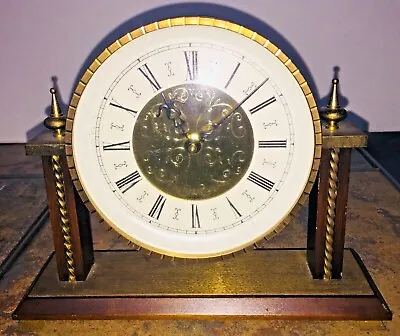 VTG MAUTHE GERMANY BRASS MANTEL CLOCK Wood Base ROUND FACE Spires FOR REPAIR • $39.97