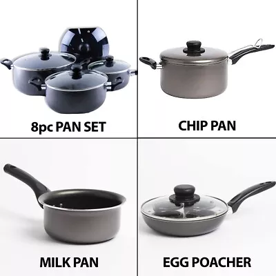 Non Stick 8pc Pan Set Black Saucepan Frying Pan Egg Poacher Stock Pot Casserole • £15.99