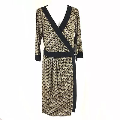 Melissa Masse True Wrap Dress Printed 3/4 Sleeve Yellow Black Stretch Size L • $16.99