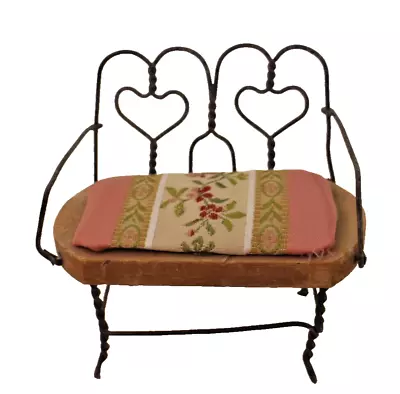 Vintage Handmade Miniature Wrought Iron Loveseat With Embroidered Pillows 4.5  • $26.50