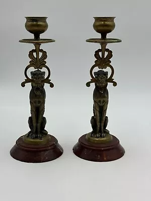 Pair Antique Brass Figural Lion Protectors Statue Candlesticks Marble • $125