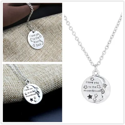 I Love You To The Moon And Back' Engraved Silver Pendant Necklace Lover Gift New • £3.49