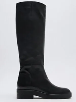 New Zara Airfit Low Heeled Leather Tall Boots Sz 8 • $70