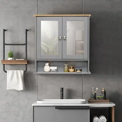 Wall Bathroom Mirror Cabinet Storage Cupboard With Adjustable Shelves Grey • £31.99