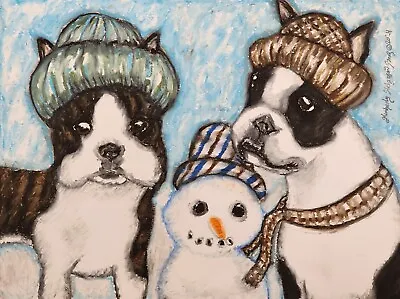 Winter BOSTON TERRIER Vintage Style Art Print 4 X 6 By Artist KSams Dogs Snowman • $14