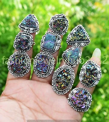 Titainum Drusy Gemstone Ring Wholesale Lot 925 Silver Plated Jewelry • $166.24