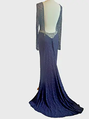 Pia Michi Dark Blue Lace Long Evening Prom Bridesmaid Mermaid Dress Size 14 • £55
