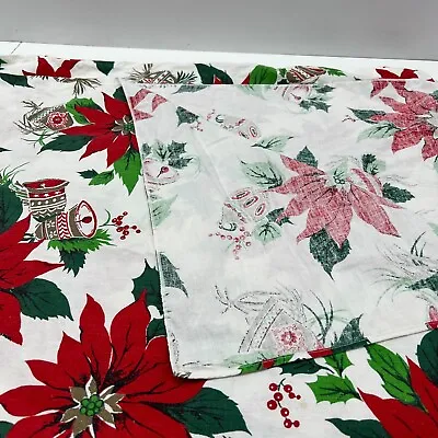 $13.79 • Buy White Cotton Screen Print Christmas Tablecloth Red Green Poinsettia Bells VTG