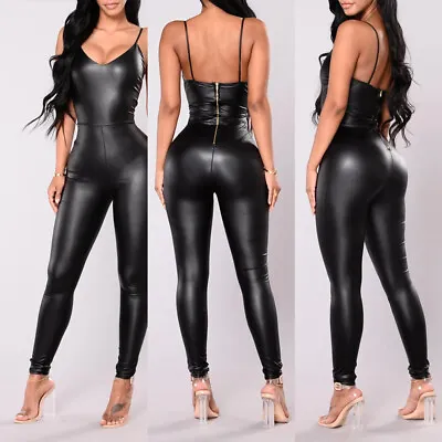 £17.09 • Buy Women Faux Leather Sexy Jumpsuit Wet Look Zip Catsuit Bodysuit Clubwear Costume