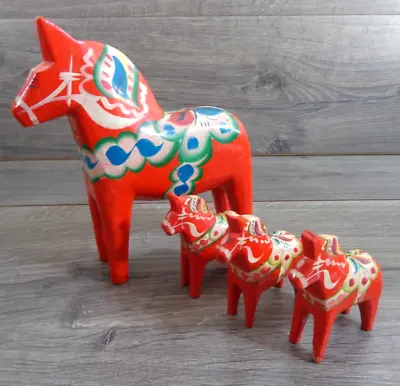 Folk Art Dala Horse Set Of 4 Atka Dalahemslojd Hemslojd & Snickerier Mora Sweden • $49.99