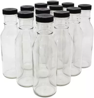Clear Glass Beverage/Sauce Bottles 12 Oz Black Caps - Case Of 12 • $35.37