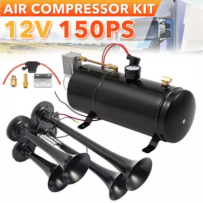 Air Horn Truck Train Horns Kit 12V W/ Air Compressor 4 Trumpet For Train Truck • $89.95