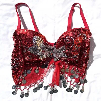 Fredericks Of Hollywood 34D Red Sequin Coins Mesh Tie Back Dance Bra • $24.98