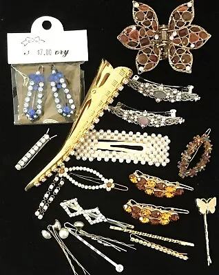 Lot Of 21 Vintage Hair Barrettes Clips Bobby Pins Wedding Rhinestone Bridal Prom • $24.99