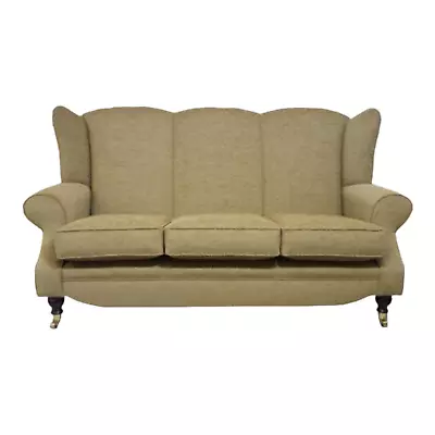 Wing Back Queen Anne Cottage Three Seat Sofa Golden Brown Basketweave Fabric • £1099