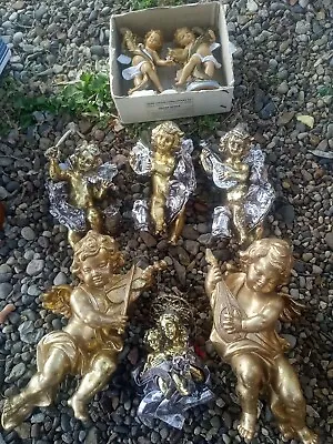 Lot Of 8 Vtg 1970s Italy Hollywood Gold CHERUB ANGEL  Statuary  10  Violin  Harp • $68.95