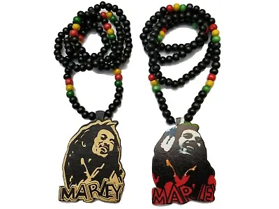 2pcs. Bob Marley Africa Wooden Pendant Necklace Beads Chain Wood Rasta Jamaica  • $20.85