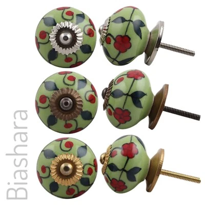 £2.60 • Buy Green & Red  CERAMIC DOOR KNOBS Floral Cupboard Handles Cabinet Drawer Vintage