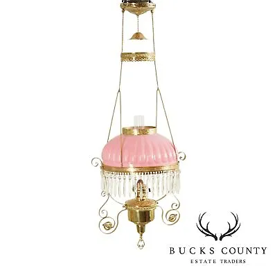 $1495 • Buy Rochester Antique Victorian Brass Hanging Oil Lamp Chandelier, Pink Glass Shade