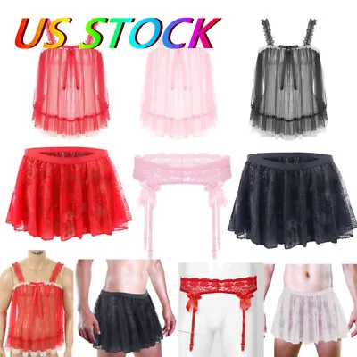 US Men Sissy Lingerie Crossdresser Nightwear Sheer Lace Top Skirt Crossdressing  • $9.78