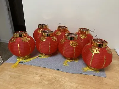 Vintage Chinese Red & Gold Fabric Collapsible Lantern Decoration Lot • $104.99