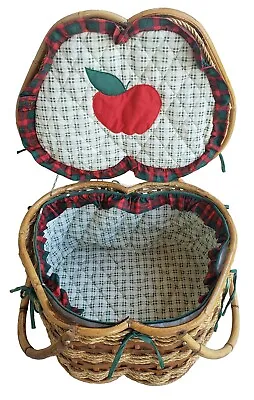  Picnic Basket Vtg Apple Design Wicker Rattan Pad/ Quilted Lining Sewing Basket • $45