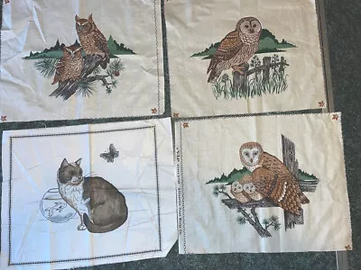 Lot Of 4: Vintage VIP Cranston Owls & Cat Cotton Fabric Panel 1970's 12x12” • $22