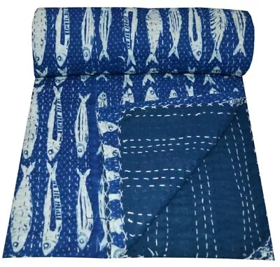 Handmade Cotton Kantha Quilt Throw Blanket Bedspread Twin/Queen/King Blue Fish • $89.99