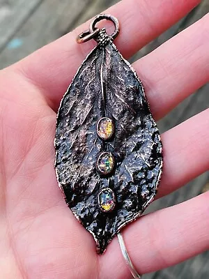 REAL LEAF Pendant In Copper With Vintage Glass Stones ARTISAN HANDMADE JEWELRY • $60