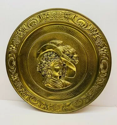 Vintage Large England Brass Art Plate Plaque Embossed Lady 14  Diameter • $30