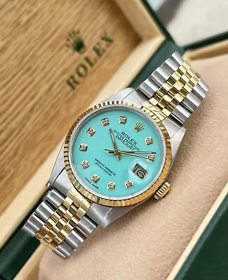 Gents Steel & Gold Rolex Datejust 36mm 16233 Custom Turquoise Blue Diamond Dial • £5995