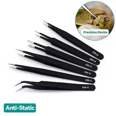 6PCS Professional Coated Precision Tweezers Set Kit Stainless Steel Non-Magnetic • £4.98