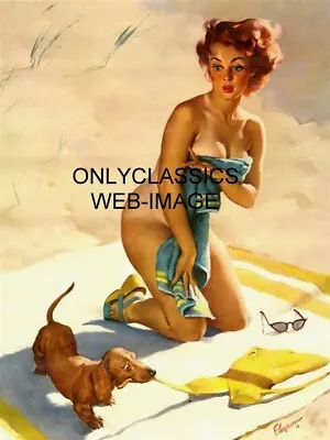 '53 Sexy Girl Sunbathing Beauty Gil Elvgren Print Pinup Cheesecake Dachshund Dog • $13.17