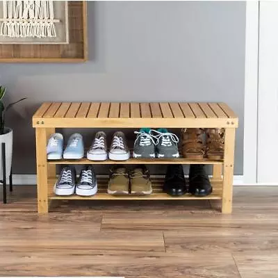 3Tier Shoe Rack Seating Bench Hallway Storage Organiser Holder Stand Bamboo   • £21.95