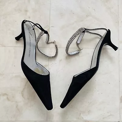 Giuseppe Zanotti Vicini Made In Italy Black Pointed Toe Rhinestone Strap Heels • $79.99