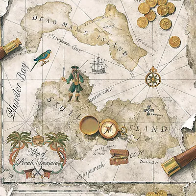 Boys Pirate / Pirates Treasure Chest Map On Taupe And Beige Wallpaper BT2815 • $31.95