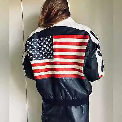 90s Michael Hoban Leather Jacket American Flag Black Red White USA Iconic 90s • $95
