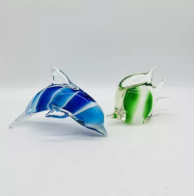 Art Glass Striped Blue Dolphin & Green Angel Fish Murano Style Lot Of 2 • $24.95