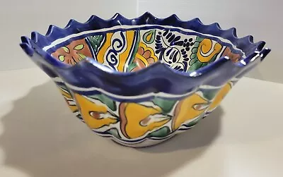 Mexican Talavera Pottery Wavy Bowl Deep Serving Dish  Folk Wall Art  13 X 10 X 4 • $18.99