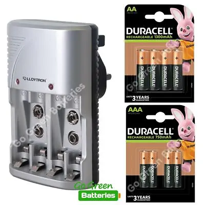 Lloytron Charger + 4x Duracell AA 1300mAh + 4x AAA 750mAh Rechargeable Batteries • £24.49