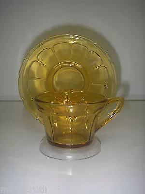 Diamond Glass VICTORY Amber Cup & Saucer (1939-1932) Depression. • $12.99