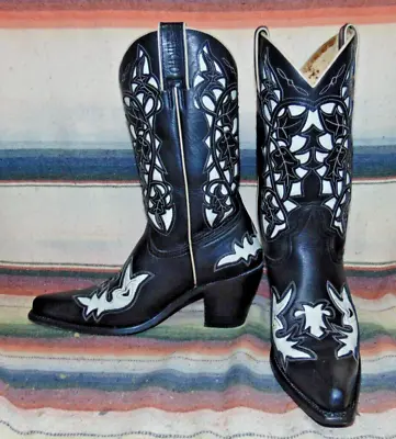 Sancho Black Leather Inlay Cowboy Boots Mens 8.5 D / Womens 10 M Excellent Cond • $129