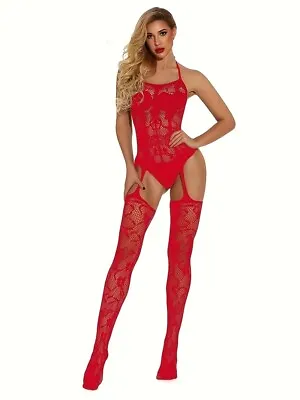 Red Black Or Navy Backless Fishnet Suspender Style Halter Neck Body Stocking B68 • £21.98