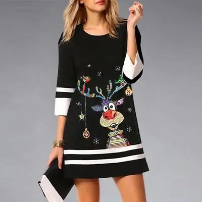 $21.38 • Buy Women's Christmas Holiday Dress Printed Casual 3/4 Sleeve Mini Retro Black Dress