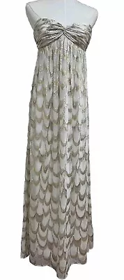 Vintage Y2K Aqua Gown In White Silk With Gold And Silver Metallic Pattern Size 0 • $80